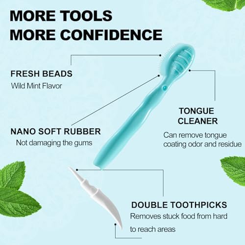 Pre-Pasted Mini Disposable Toothbrushes, Travel Toothbrush with Soft Bristles, Built-in Tongue Scraper & Dual Toothpicks, Camping, After Meals, On-the-Go Fresh Breath, 30 Ct (Mixed, 30 pcs)