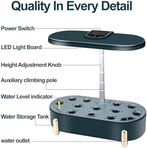 Hydroponics Growing System Indoor Garden:12 Pods Plant Kit Aeroponic Herb Vegetable Growth Lamp Countertop with LED Grow Light, Adjustable Height Up to 20.47inch (Black, One-Size)