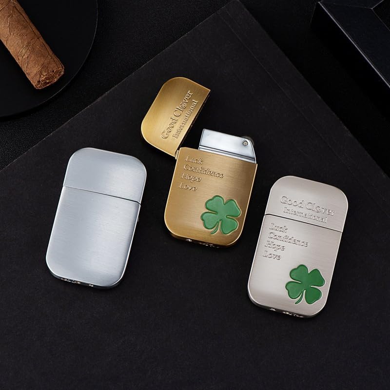Metal Soft Flame Lighters Luck Clover Pattern Grinding Wheel Vintage Lighter Cool Pipe Lighters Perfect for Outdoor Camping Men's Women Gifts (Silver)