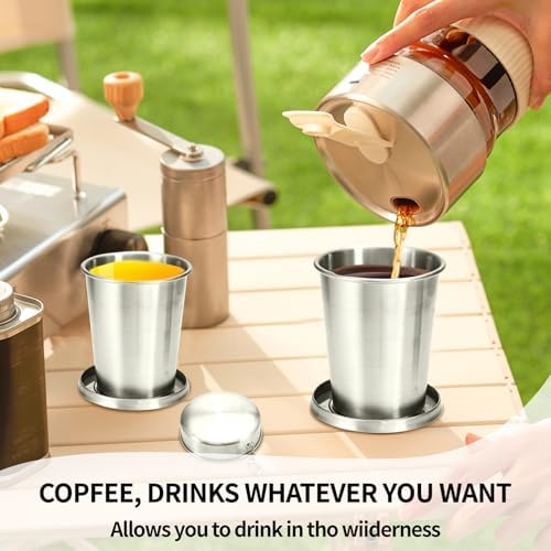 Collapsible Cups, Stainless Steel Foldable Cup with Lid and Keychain,for Traveling, Camping, Hiking, Biking and Daily Use (1, 450 ml)