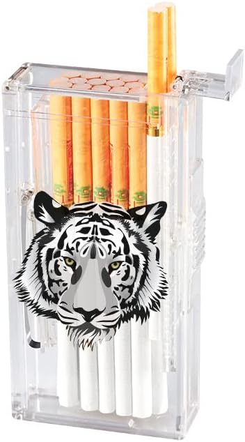 Pocket Cigarette Case/Box for 100's Cigarette Portable Transparent Cigarette Box Can Hold 20pcs Slim Cigarettes (Tiger, Transparent White)