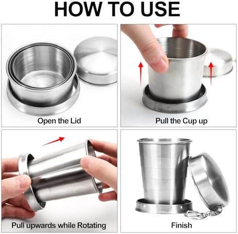 Collapsible Cups, Stainless Steel Foldable Cup with Lid and Keychain,for Traveling, Camping, Hiking, Biking and Daily Use (1, 250 ml)