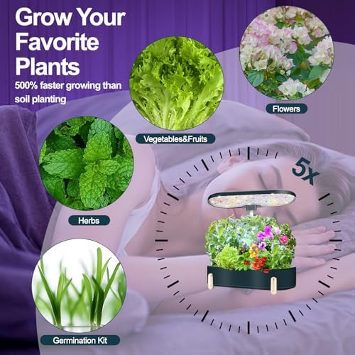Hydroponics Growing System Indoor Garden:12 Pods Plant Kit Aeroponic Herb Vegetable Growth Lamp Countertop with LED Grow Light, Adjustable Height Up to 20.47inch (Black, One-Size)