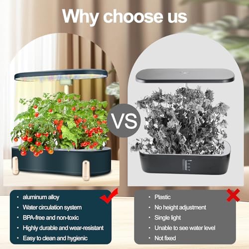 Hydroponics Growing System Indoor Garden:12 Pods Plant Kit Aeroponic Herb Vegetable Growth Lamp Countertop with LED Grow Light, Adjustable Height Up to 20.47inch (Black, One-Size)
