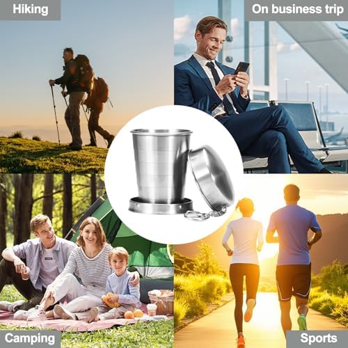 Collapsible Cups, Stainless Steel Foldable Cup with Lid and Keychain,for Traveling, Camping, Hiking, Biking and Daily Use (1, 450 ml)