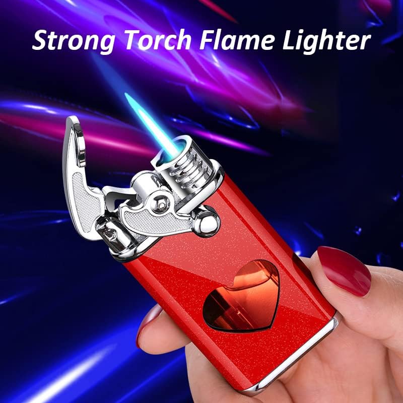 Torch Lighter Jet Flame Refillable Butane Windproof Portable Lighter with Adjustable Flame Dial Retro Rocker Arm Ignition Lighter Metal Drawing Lighter for BBQ, Fireworks,Camping (Red)
