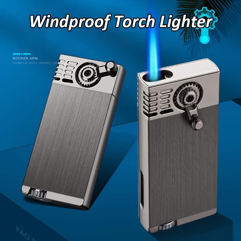 Jet Torch Lighter, Windproof Jet Flame Lighter with Rocker Arm Ignition, Refillable & Adjustable Torch Lighter with Gas Window, Metal Drawing Lighter for BBQ, Fireworks,Camping (Black)