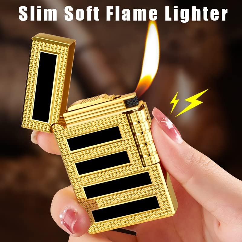 Cigar Lighters Soft Flame Lighter Retro Grinding Wheel Traditional Butane Lighter with Adjustable Flame Dial Vertical Ignition Roller Classic Metal Relief Lighter (Rose Gold)