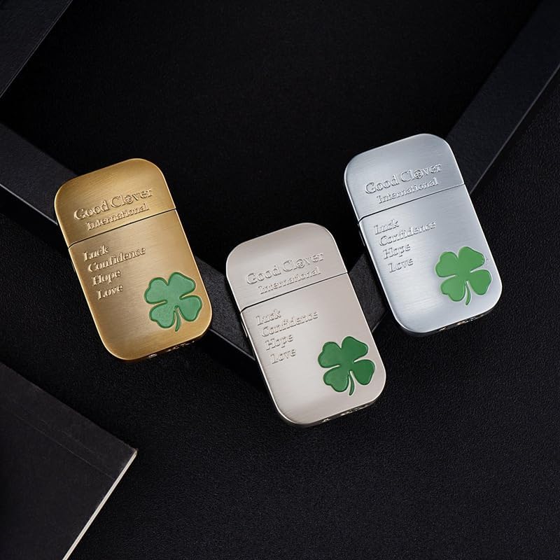 Metal Soft Flame Lighters Luck Clover Pattern Grinding Wheel Vintage Lighter Cool Pipe Lighters Perfect for Outdoor Camping Men's Women Gifts (Silver)