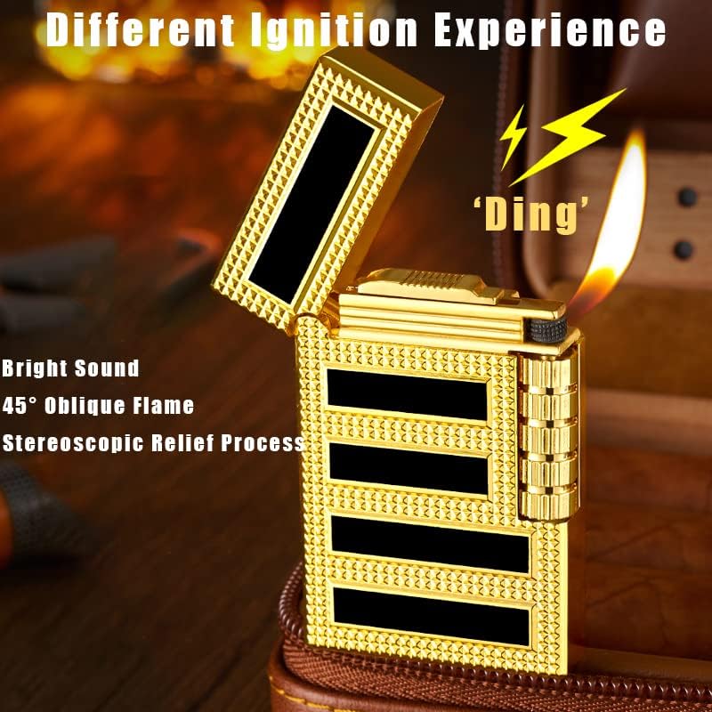 Cigar Lighters Soft Flame Lighter Retro Grinding Wheel Traditional Butane Lighter with Adjustable Flame Dial Vertical Ignition Roller Classic Metal Relief Lighter (Rose Gold)