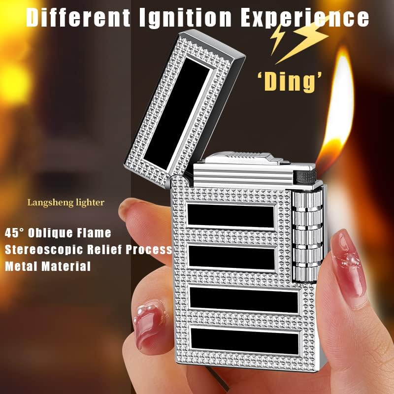 Cigar Lighters Soft Flame Lighter Retro Grinding Wheel Traditional Butane Lighter with Adjustable Flame Dial Vertical Ignition Roller Classic Metal Relief Lighter (Rose Gold)