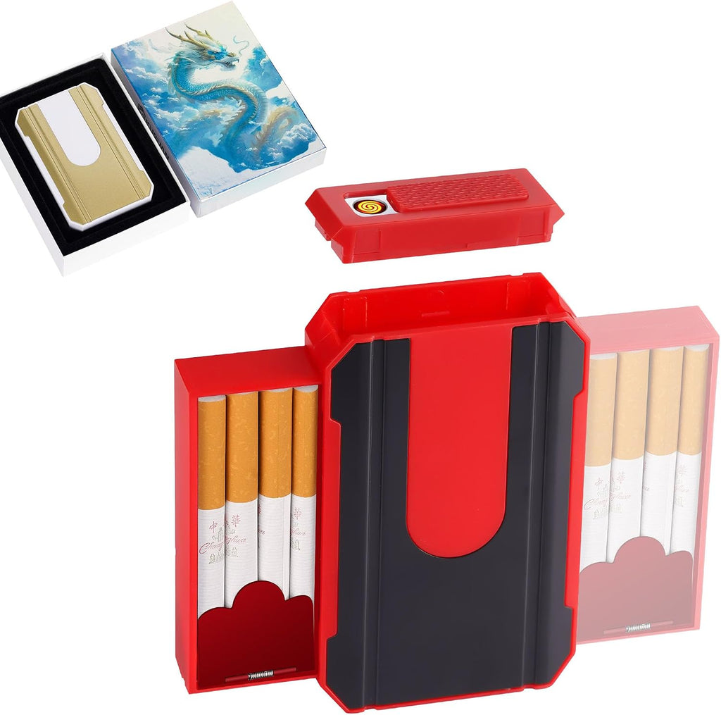 Cigarette Case with Lighter Portable Pack 16 Regular Cigarettes 34 84 Slim Cigarettes 3 in 1 Cool Gifts for Men and Women (Red)