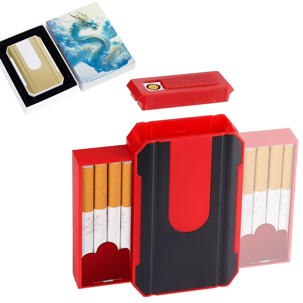 Cigarette Case with Lighter Portable Pack 16 Regular Cigarettes 34 84 Slim Cigarettes 3 in 1 Cool Gifts for Men and Women (Red)