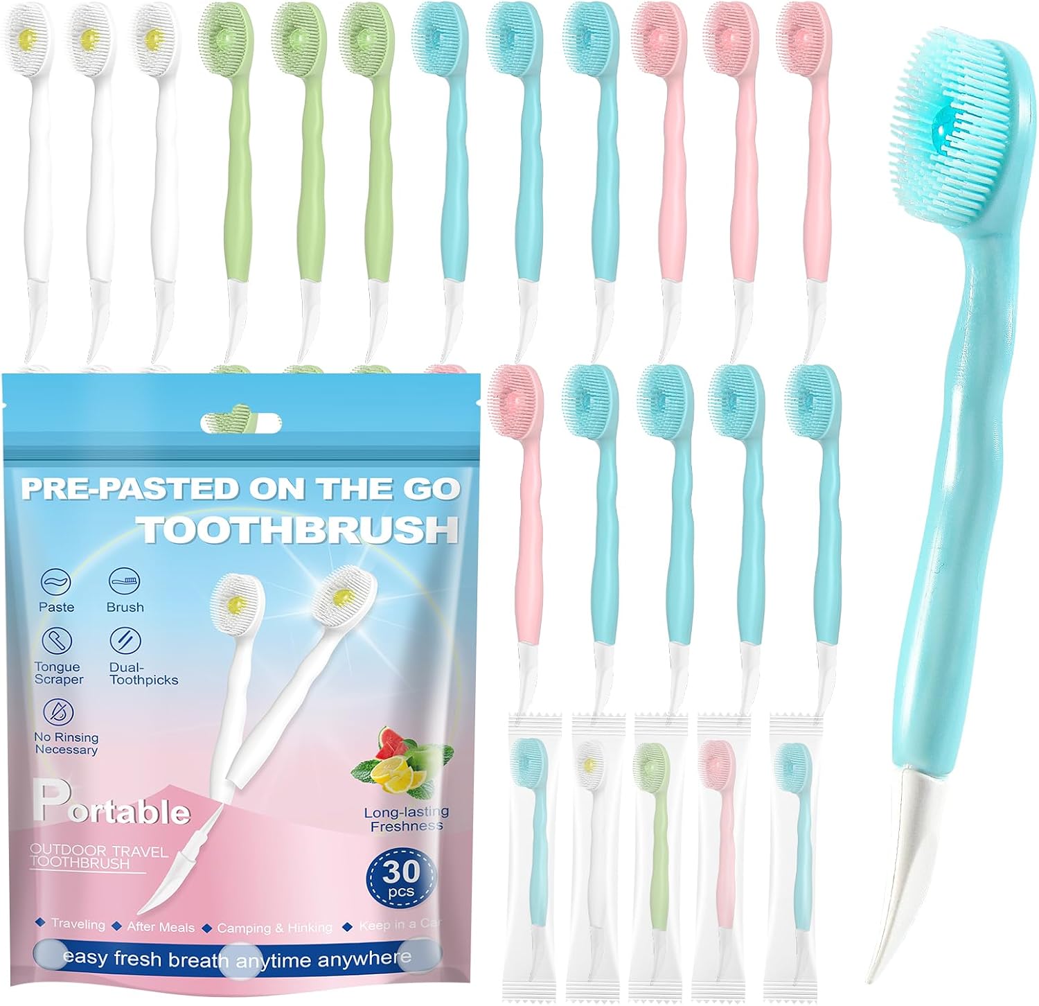 Pre-Pasted Mini Disposable Toothbrushes, Travel Toothbrush with Soft Bristles, Built-in Tongue Scraper & Dual Toothpicks, Camping, After Meals, On-the-Go Fresh Breath, 30 Ct (Mixed, 30 pcs)